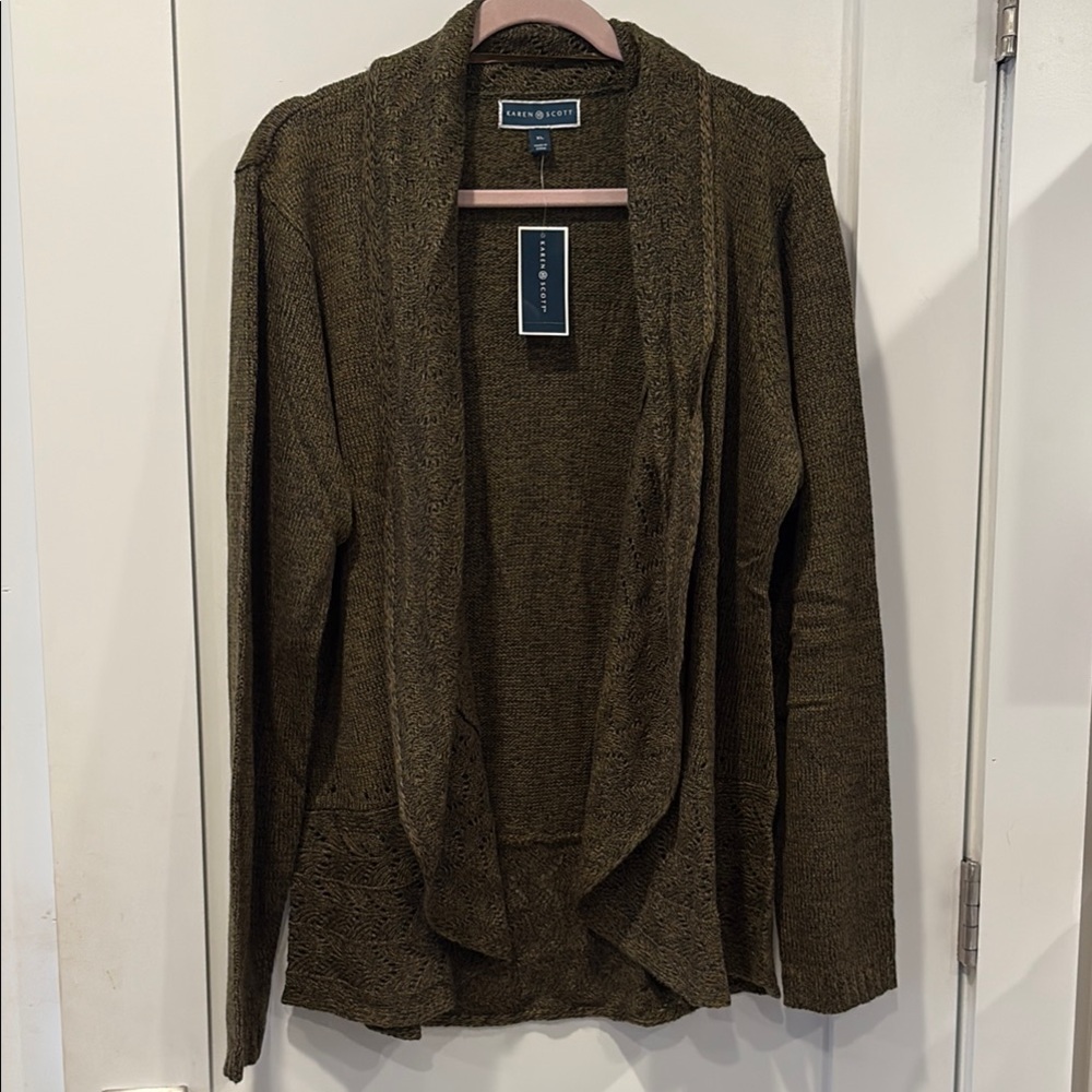 Karen Scott Olive Cardigan Sweater with Draped Front and Full-Length Sleeves